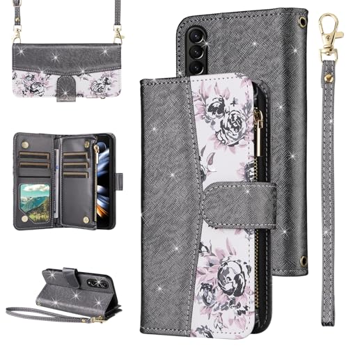 Furiet for Samsung Galaxy Z Fold 4 5G 2022 Floral Wallet Case with Zipper Purse Wrist Strap Shoulder Strap Glitter PU Leather Card Holder Stand Phone Cover for ZFold4 Z4 Fold4 4Z ZFold45G Black