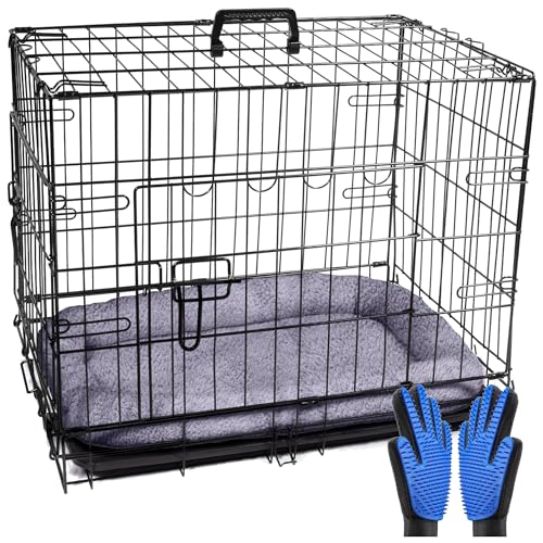 Pretty Pooch Dog Crate Cage Puppy Cat Pet Training Carrier Metal Folding with Tray Double Door and Bed With Two Grooming Gloves (Small 24 Inch)