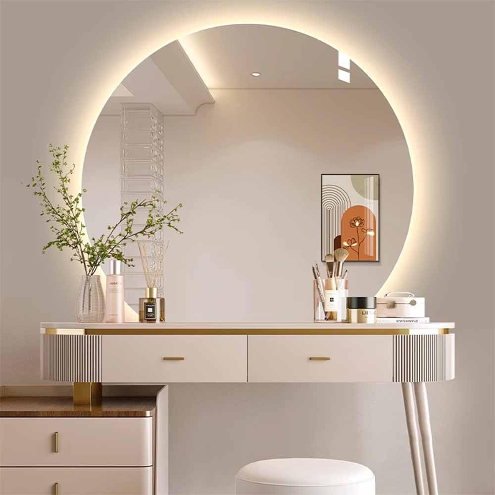 SXFSDOU LED Half Circle Decorative Mirror 3 Color Lighted Vanity Moon 100x90cm Backlit Dimming Makeup Wall Mounted Shatter-Proof Defogging for Bathroom Dresser(Up-semicircle