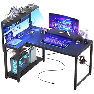 Homieasy Small Gaming Desk with Power Outlets Pegboard LED Light, 43 Inch L Shaped Computer Desk with Monitor Stand Storage Shelves, Reversible Corner Desk with Headset Hooks, Carbon Fiber Black