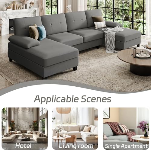 SUNLEI U Shaped Couches for Living Room, Modern Living Room Furniture Sets with Double Chaise Function, Sectional Sofa Couch with 4 Seats in Linen Fabric, Light Grey
