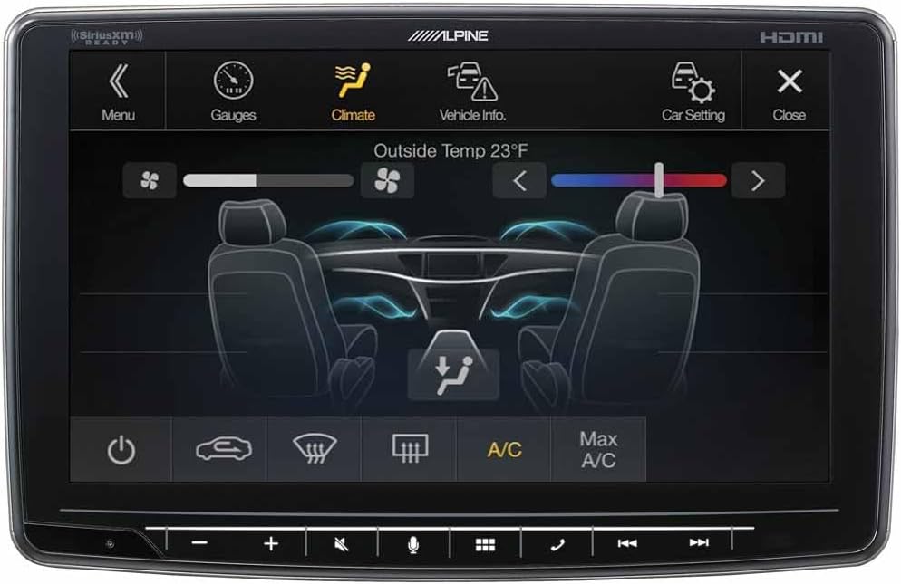Alpine Halo9 iLX-F409 display showing the Graphic EQ settings with adjustable sliders for different frequency bands (250Hz, 500Hz, 1KHz, 3KHz, 10KHz).