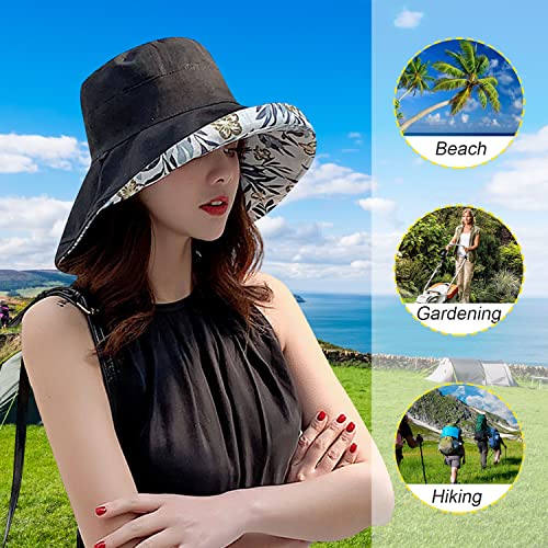 Huamulan Women Floral Reversible Wide Brim Sun Hats Summer Uv Protection Hiking Fishing Hat Wired Edge Beach Garden Lawn Work Cap Chin Strap #TOP5