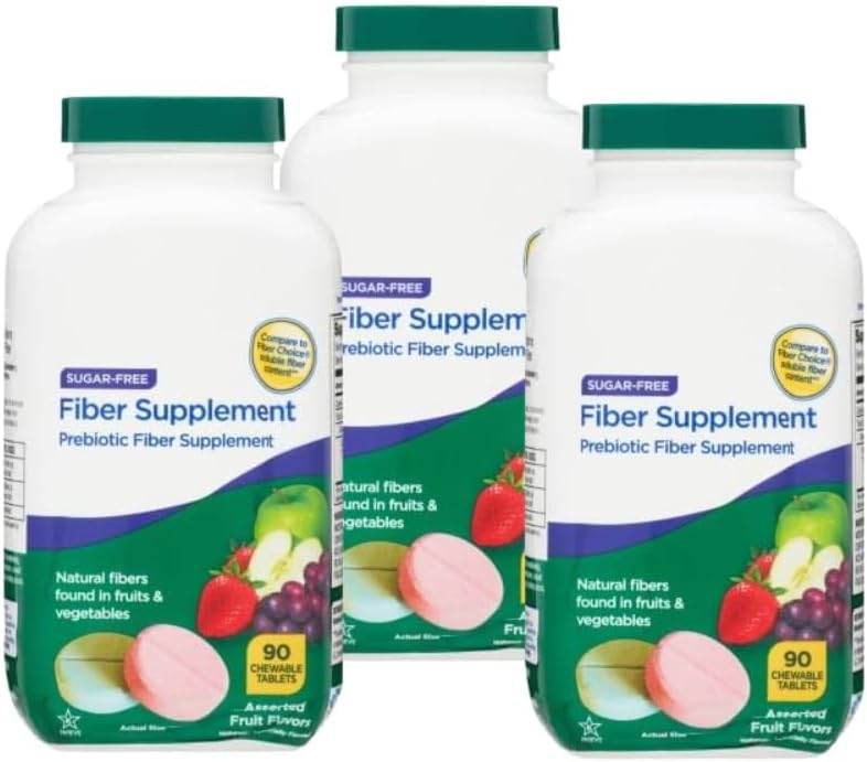 Daily Fiber Supplement Chewable Tablets – 90 Count, Sugar-Free Fiber Chews for Women and Men, High Fiber Content, Assorted Fruit Flavors, Chewable Tablets for Adults. (Pack of 3)