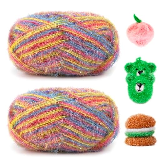 Uiopa Schwammgarn, 200g(2 x 100g, 2 x 200m) Glitzer Spülschwammgarn Häkel Bubble-Garn, Flauschige Schwammwolle Garn zum Häkeln Stricken Spültücher Badeschwämme Dekoration DIY Crafts