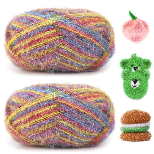 Image of JeogYong Scrubby Yarn 2 Skeins (2 x 100g, 2 x 218yd) Scrubby Sparkle Yarn, Fluffy Polyester Scrubbie Crochet String for Crocheting Knitting Dishcloths Washcloths DIY Projects