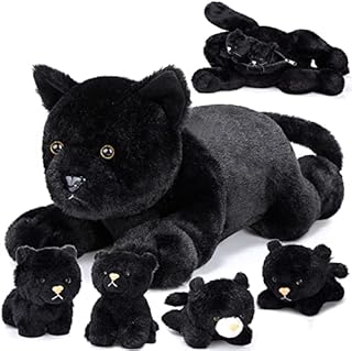 SKYLETY 5 Pieces Cat Stuffed Animal Plush Cat Set Include Large Soft Cuddly with 4 Cute Fluffy Plush Kittens in Mommy Cat's Belly Nurturing Cat Huggable Sleeping Birthday Gifts (Black)