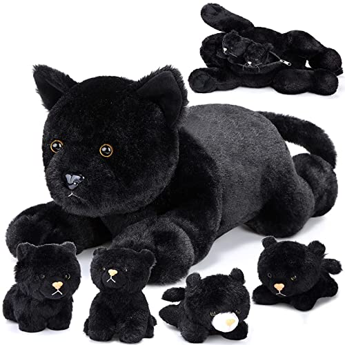 Skylety 5 Pieces Stuffed Animal Plush Cat Set Include Large Soft Cuddly With 4 Cute Fluffy Plush Kittens In Mommy Cat's Belly Nurturing Cat Huggable Sleeping Birthday Gifts (Black, Cute Style) #TOP6
