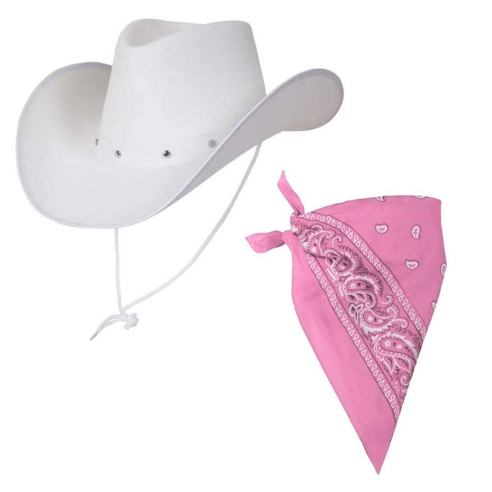 Adult Texan Cowboy White Hat + Bandana Neck Scarf - Black Blue Brown White Red Pink Colour Option Wild West Western Fancy Dress Accessory (Pink Bandana)