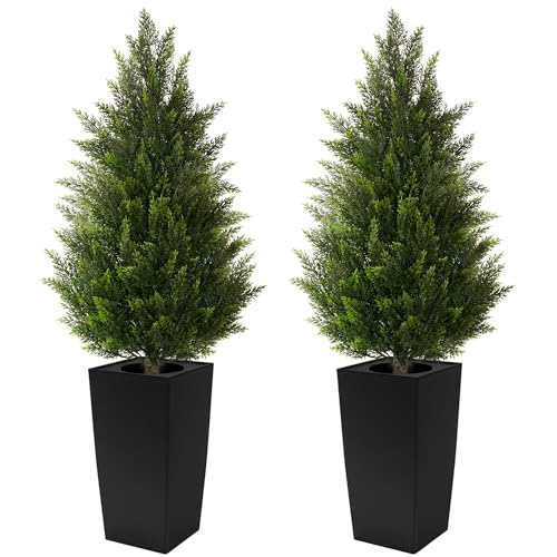 4FT Tall 2 Pack Artificial Cedar Topiary Trees with Compact Pyramidal Shape, Realistic Faux Cypress...