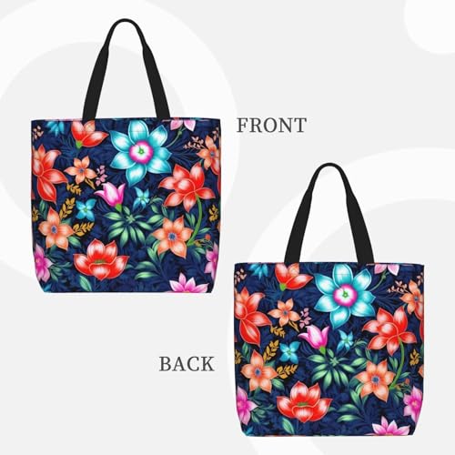 Floral Blue Print Tote Bags, Large Capacity Zipper Shoulder Bag, For Shopping, Work, Daily3