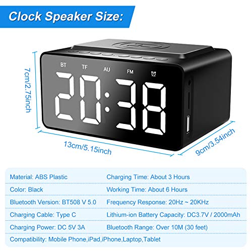 LINGSFIRE Wekker Nachtkastje Bluetooth-luidspreker FM-radio Niet tikkende met USB-oplader en draadloos QI-opladen, 3 niveaus digitaal dimbaar led-display, netvoeding met back-upbatterij - Image 7