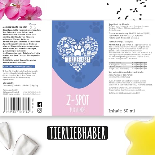 TIERLIEBHABER – Z-Spot 3X 50 ml Flohmittel Hund & Zeckenschutz – Pflanzliches Zecken- & Hunde Flohmittel – Floh und Zeckenschutz für Hunde Spot On mit Neemöl, Lavendel & Geraniol