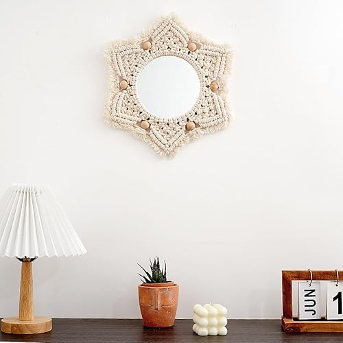Miniatura 3 de AVCULT Espejo de pared bohemio, espejo de pared colgante con círculo de flecos, espejo colgante redondo, arte bohemio rústico para dormitorio, sala