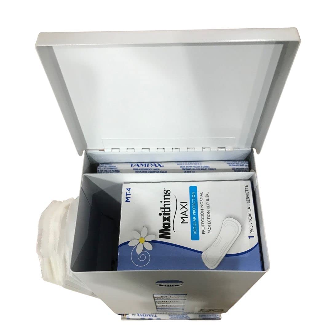 Tampon and pad Dispenser, Compact, Free Vending, White Steel Restroom Fixture