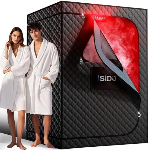ISIDO 2 Person Sauna Portable Infrared Steam Sauna with 660nm Red Light Therapy Lamp & 2X 3L 1300W Steamers, 2 Folding Chair, XXXL Sauna Box Sauna Tent Home Sauna, 72"x 50"x 36"