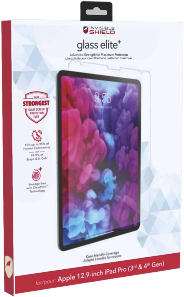 ZAGG InvisibleShield Glass Elite+ Screen Protector for iPad Pro 12.9" (6th/5th/4th/3rd Gen), 4X Extreme Shatter Protection, Maximum Scratch Protection, Anti-Fingerprint, Smooth Touch, Easy Install