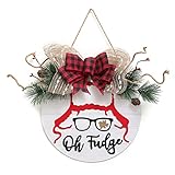 rongflower Oh Fudge Sign Wooden Wreath, Christmas Wreath Buffalo Plaid Hanging Sign Rustic Wooden Ho