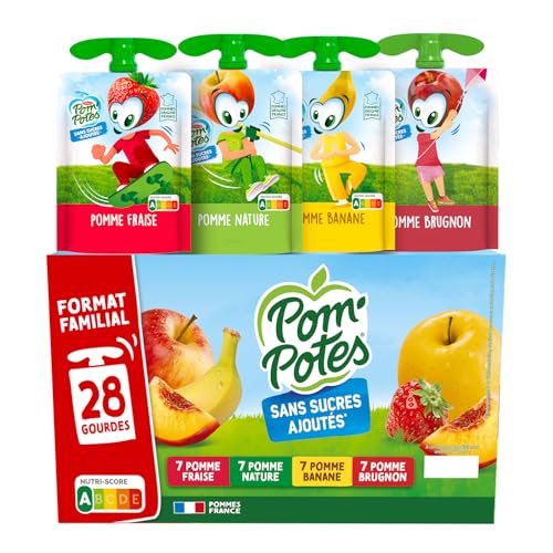 POM'POTES® - Compote Gourde Sans Sucres Ajoutés* - Pomme Nature - Pomme Banane - Pomme Brugnon - Pomme Fraise - Pommes Françaises - Source De Fibres - Nutri-Score A - 3 Ans Et Plus - 28 x 90g