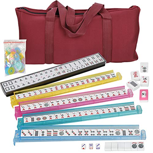 F2C American Mah Jongg Mahjong Set 166 Tiles, 4 Colors All-In-One Rack/Pushers, Red Paisley Soft Bag And Accessories –Classic Full Size Complete Mahjongg Mah Jong Set #TOP1