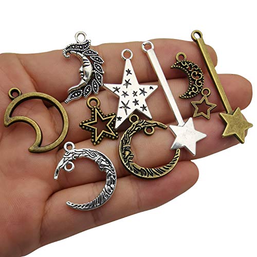 Wocraft 100G(About 76Pcs) Craft Supplies Small Antique Bronze Silver Sun Moon Star Charms Pendants For Jewelry Making Findings Crafting Accessory For Diy Necklace Bracelet (M206) #TOP2