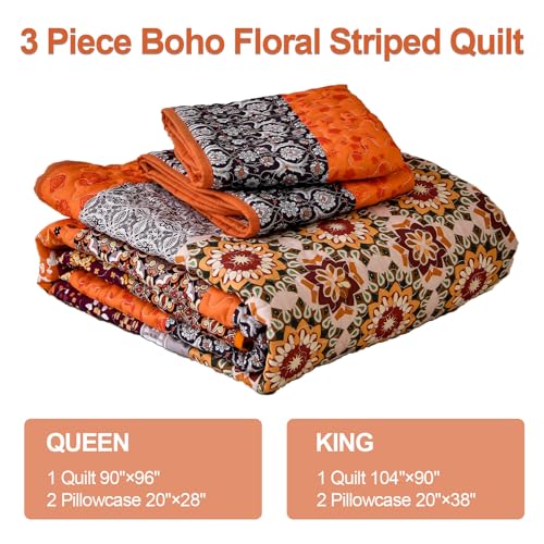 Edredón bohemio burnt orange con patrón de rayas florales simétricas 7