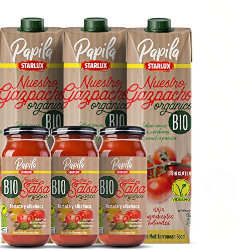 PACK 3+3: 3x SALSA DE TOMATE Y ALBAHACA ORGANICA BIO & VEGANA de 420 ml + 3x GAZPACHO ORGANICO & VEGANO de PAPILA de 1L