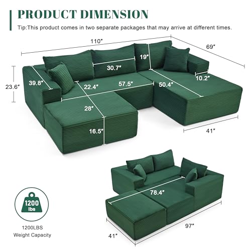 Image of Mangodan 110 inch Cloud Sectional Couch, Boneless Sofa for Living Room, Modular Sectional Sofa with Deep Seat, Comfy Fluffy U-Shaped Couch with Right-Facing Chaise, No Assembly Required, Green