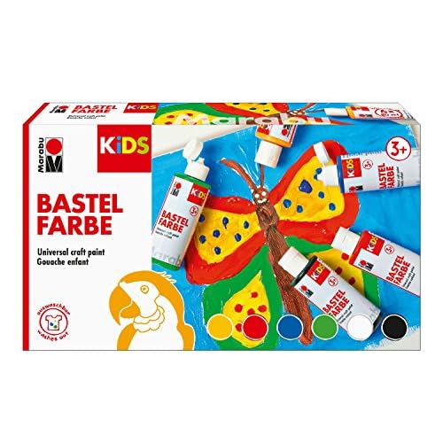 Marabu 0304000000001 - Kids Set 6x 80 ml Bastelfarbe für Kinder ab 3 Jahre, parabenfrei, vegan, gut deckend, schnell trocknend auf Papier, Holz, Stein, auswaschbar aus den meisten Textilien bei 30°