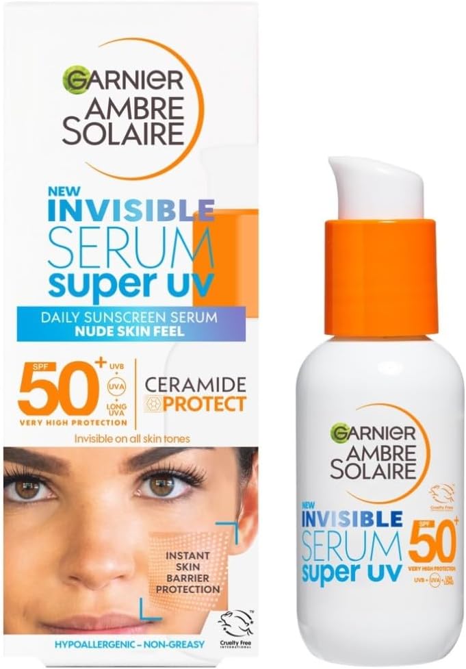 Ambre Solaire Sun Cream SPF 50+ Super UV Invisible Serum Moisturiser for Face, High Protection Against UVA & UVB, For all Skin Types, With Hyaluronic Acid, Vitamin E & Ceramides, Vegan, 30ml