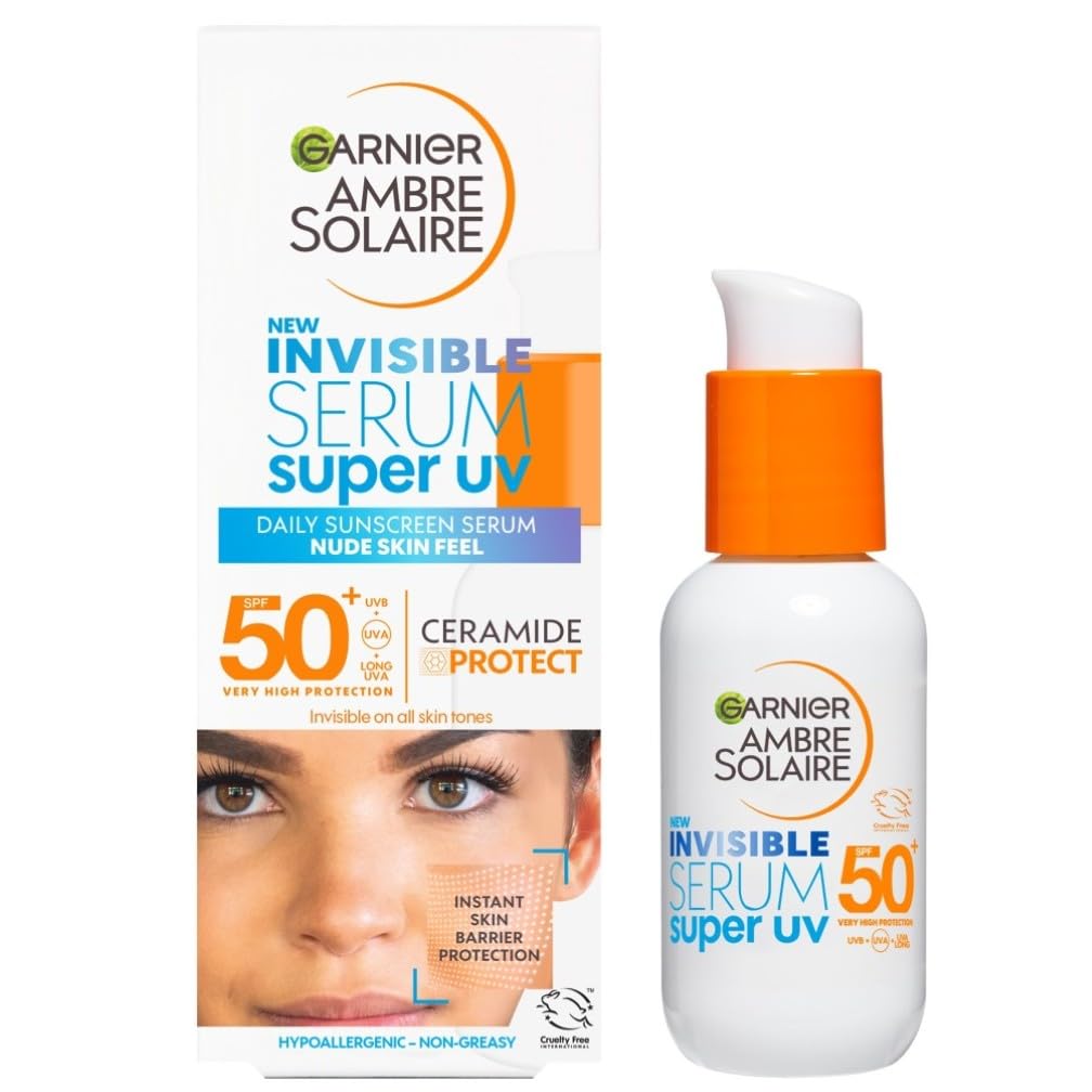 Ambre Solaire SPF 50+ Super UV Invisible Serum Moisturiser for Face, High Protection Against UVA & UVB, Sun Cream for all Skin Types, With Hyaluronic Acid, Vitamin E & Ceramides, Vegan, 30ml