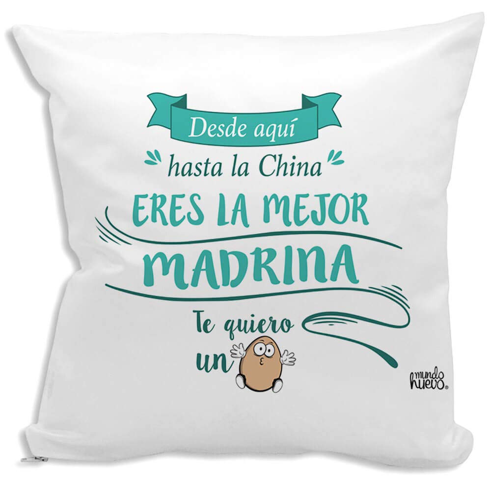 mundohuevo Cojin Decorativo, Original y Personalizado Madrinas. Incluye Relleno. Desde aquí hasta la China Eres la Mejor Madrina. 42,5 X 42,5 cm. Cojines con Agradable Tacto de Algodon.