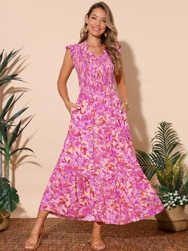Image of Seta T Women's Summer Dresses Casual Ruffle Sleeveless V Neck Floral Sundress Flowy Smocked Beach Maxi Dress