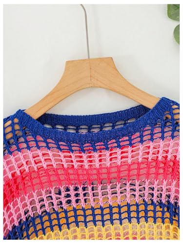 Floerns Girl's Striped Print Long Sleeve Pullover Hollow Out Crochet Cropped Sweaters3