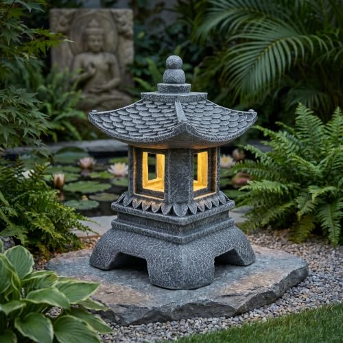 TB TIBAG Solar Pagoda Decors Garden Statues Zen Asian Outdoor Statues Accessories Japanese Pagoda Lamp Lantern for Garden Balcony Patio Porch Yard Art Ornament Decoration 12 Inches