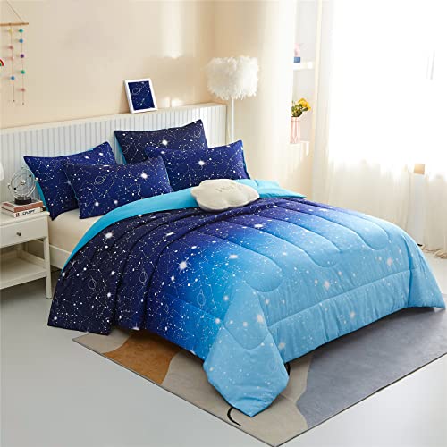 Kakki Blue Ombre Glitter Galaxy Comforter Set Queen Size For Boys Girls, Sparkle Constellation Starry Sky Comforter For Kids Teen, 3Pc Soft Bedding Sets With 2 Pillow Cases For All Season(Blue,Queen) #TOP2