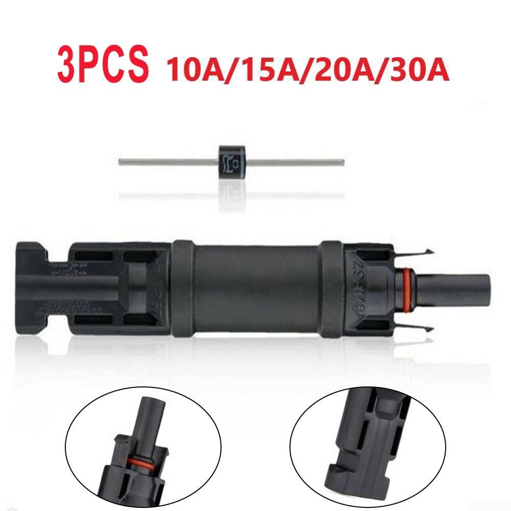 Conector de panel solar con diodo de bloqueo 1000 V IP67 impermeable para cable fotovoltaico, paquete de 3 (15 A)