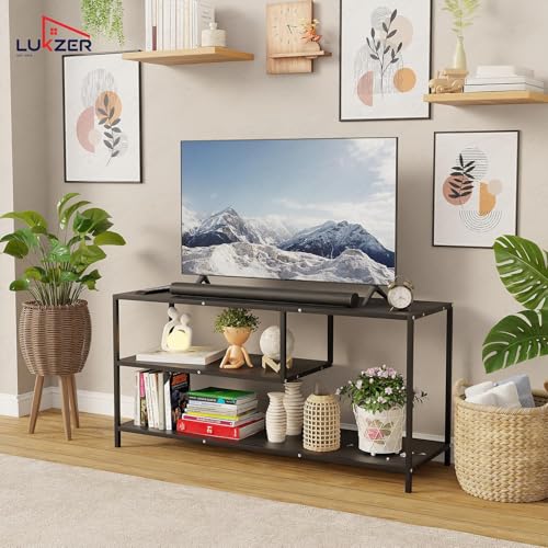Image of Lukzer Metal & Engineered Wood TV Unit Stand Ideal for TVs Up to 43 Inch | Open Shelves for WiFi Router, Set-Top Box, Speakers & Decor | Living Room Storage Rack Organizer | MTU-001 /Black + Black