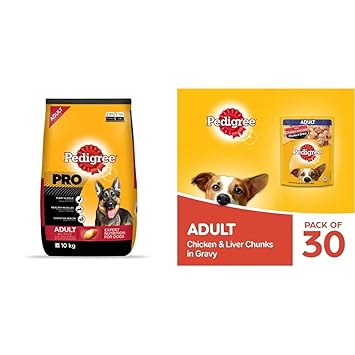 Pedigree PRO Expert Nutrition Active Adult Large Breed Dog (18 Months Onwards) Dry Dog Food, 10kg Pack & Adult Wet Dog Food, Chicken & Liver Chunks in Gravy, 70 g (Pack of 30)