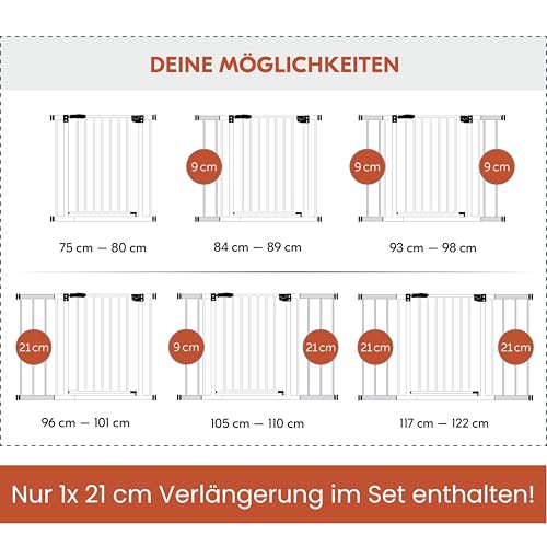 hauck Open N Stop 2 + 21 cm Verlängerung, Weiß - Kinderschutzgitter Hundegitter, Verstellbare Breite 96-101 cm, 77 cm Hoch, Beidseitige Einhand Öffnung, ohne Bohren, für Innen
