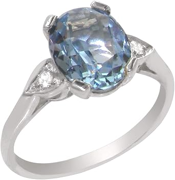 Sterling Silver Created Aquamarine & Diamond Ladies Trilogy Band Ring