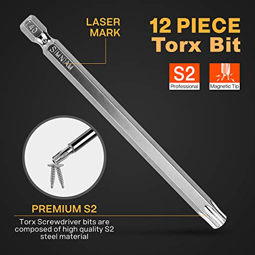 SIMNIAM 12 Piece Torx Screwdriver Bit Set, 1/4" S2 Steel Magnetic Security Tamper Proof Star Screw driverTools Bit kit, 3.94" Long T5-T40 Muti-Size, Perfect for Power Drills and Impact Drivers