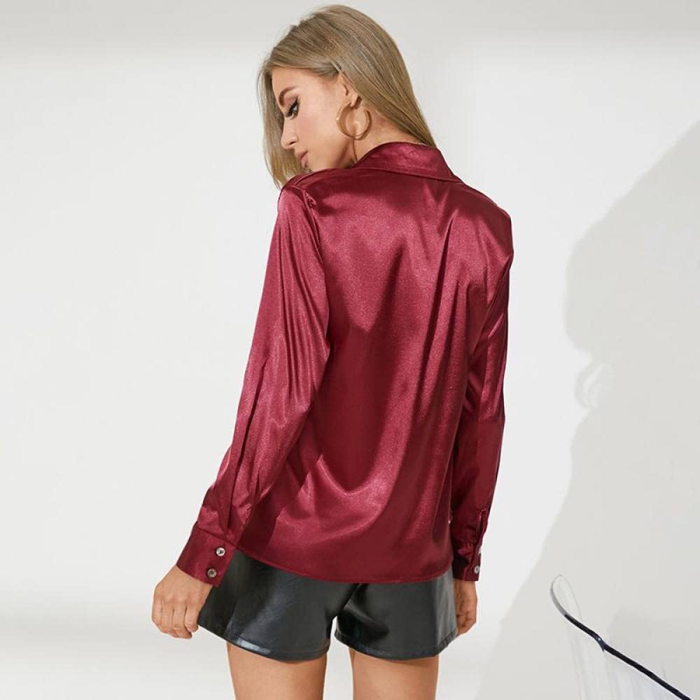 Damen-Hemd Mit Knopfleiste,Damen Satin Bluse Hemd Rot Langarm Vintage Mode Seidenhemden Business Hemd Mit Knopf Sexy Party Tops Lässige Arbeit Büro Bluse Für Mädchen Damen