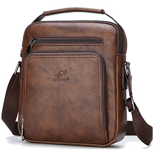 Leather Messenger Bag for Men, Man Purse Crossbody Bag PU Leather Men Zipper Bag, Satchel Shoulder Bag (Brown)