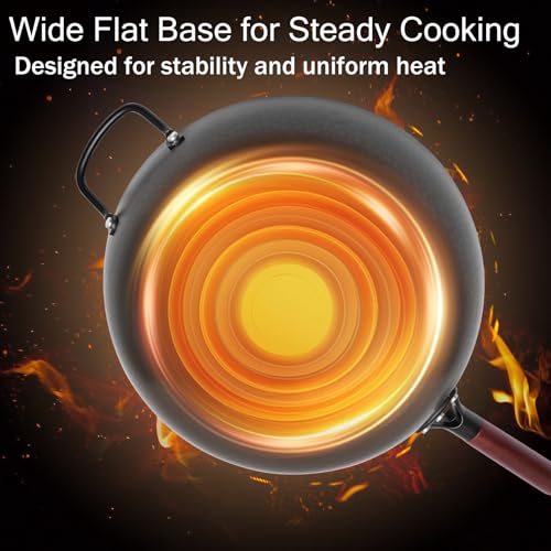 Wrought Iron Flat Bottom Wok with Glass Lid – Detachable Wooden Handle, Non-Coated Naturally Nonstick Frying Pan for Gas, Electric & Induction Stoves (Black Wok with Helper Handle, 13.4 inch)