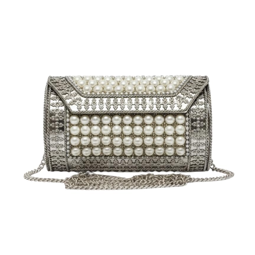 toom thekari Pearl Work Metal Clutch for Women & Girls | Designer Mini Handbag with Chain Strap | Ethnic Wedding & Party Purse | Stylish Shoulder Bag-picture-32