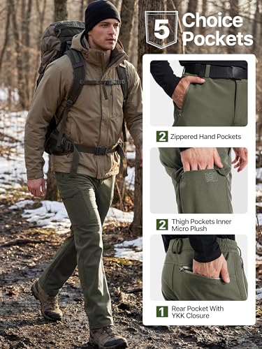 Image of FREE SOLDIER Men's Outdoor Softshell Fleece Lined Cargo Pants Snow Ski Hiking Pants with Belt