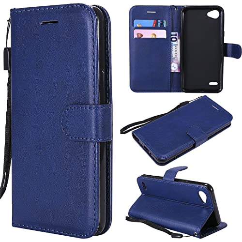 SATURCASE Funda para LG Q6 clásica de piel sintética con tapa magnética, ranuras para tarjetas, funda protectora con correa de mano para LG Q6 (XD-azul)
