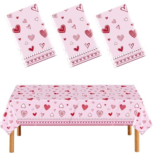 DUYIY Valentines Day Table Cover 3 Pcs Pink Heart Print Tablecloth for Home Kitchen Dining Party Decor Holiday Celebration 54 x 108
