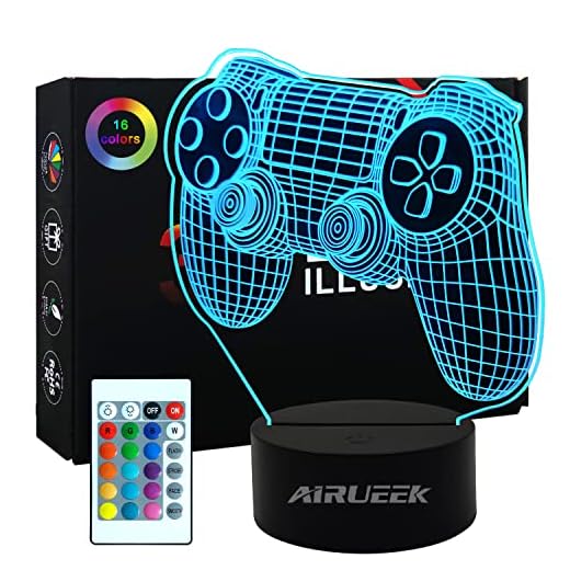 AIRUEEK Lampara 3d Gamer Luz Nocturna, De 16 Colores Lampara Gaming Con Control Remoto Carga Usb Para Gaming Decoracion Habitaciones, Niños, Gamers(Gamepad)